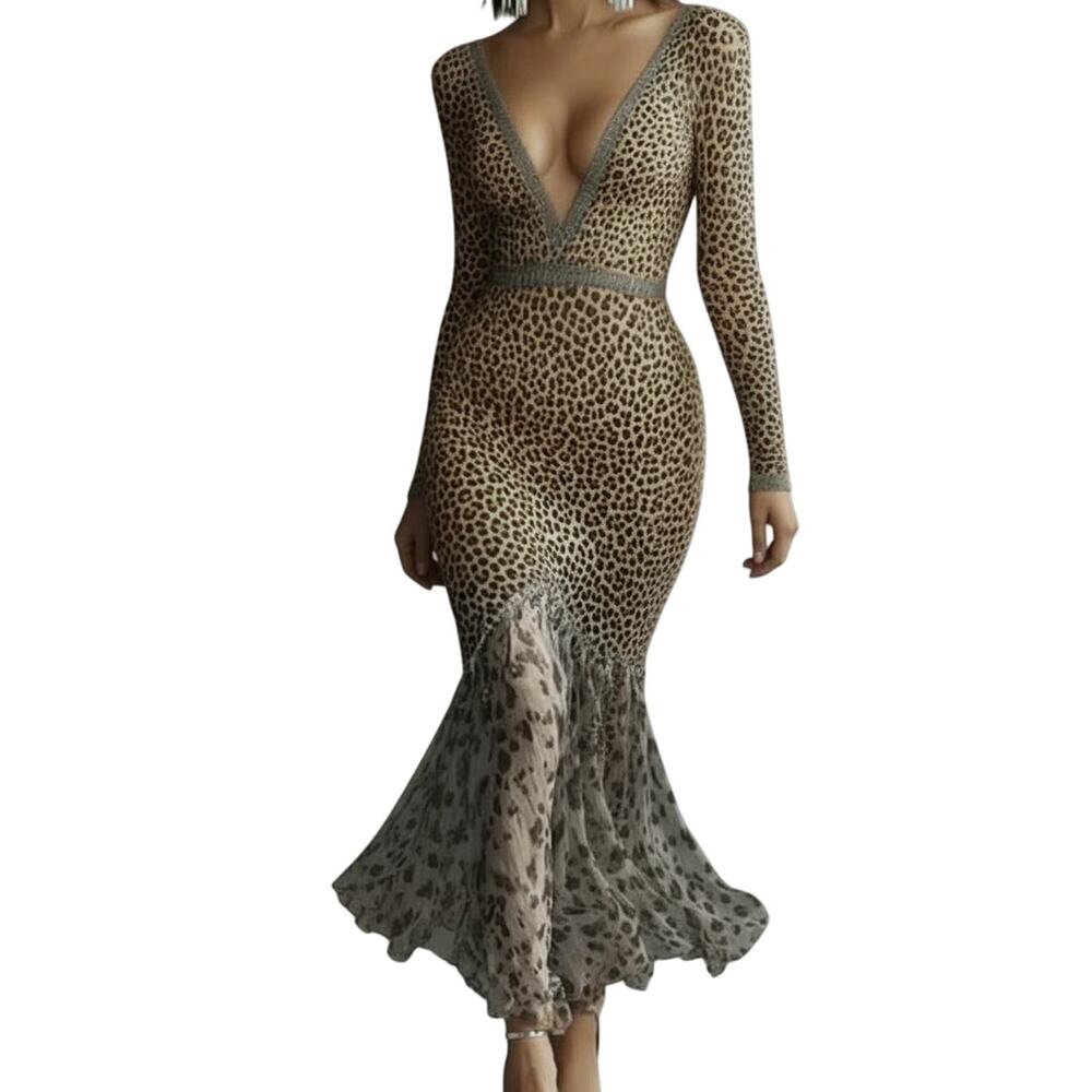 NEW Yohers Leopard Print Deep V-Neck Bodycon Sheer Bottom Mermaid Dress Y2K Glam